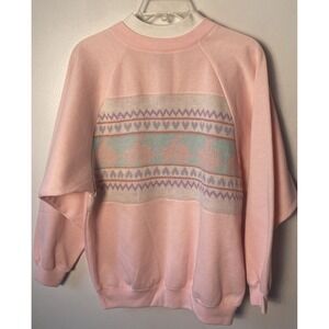 Vintage 80s/90s Kawaii Cottagecore Pink Bunny Rabbits Fair Isle Sweatshirt Sz M